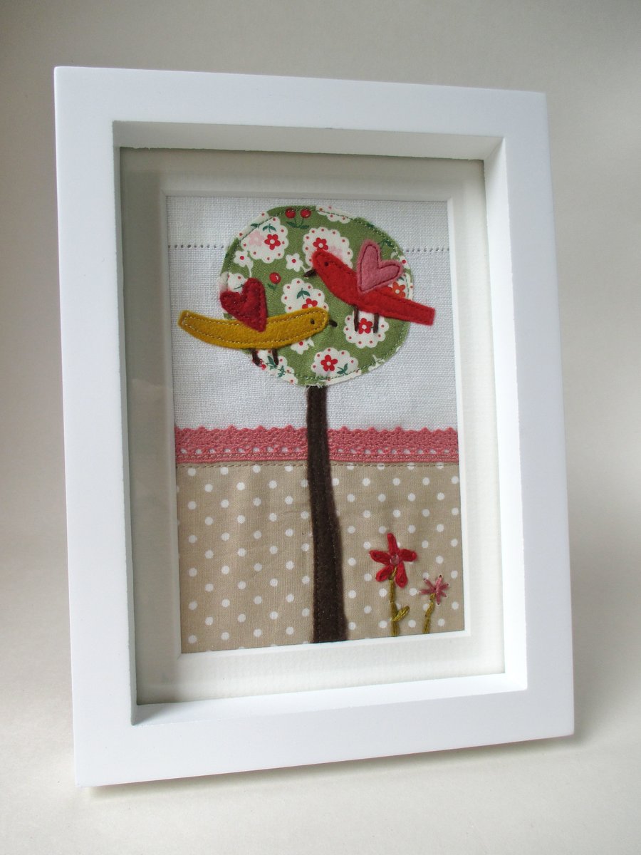 Red and Yellow Lovebirds embroidered picture