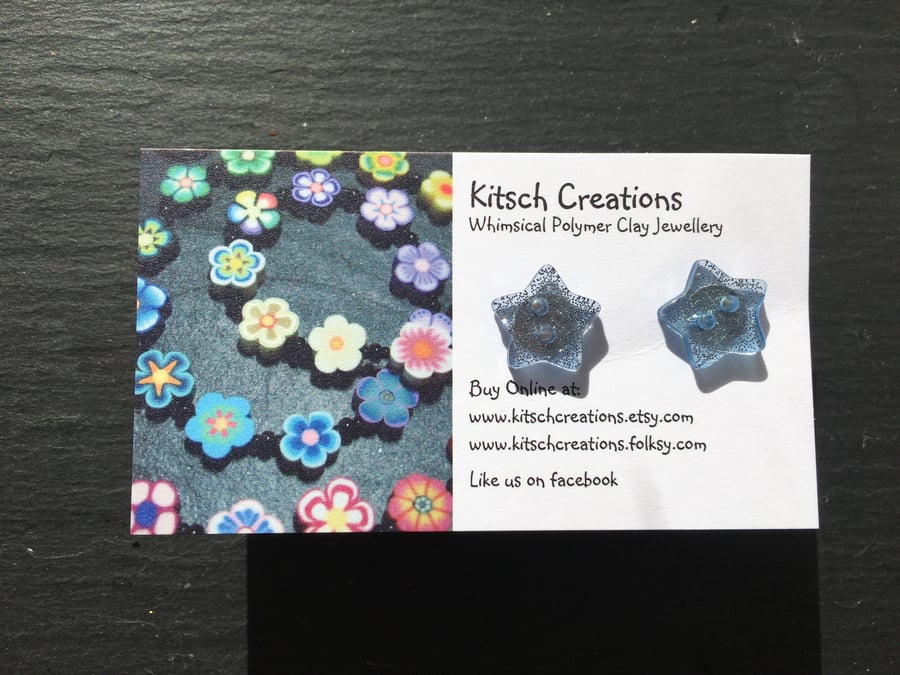 Star button earrings ice blue festive