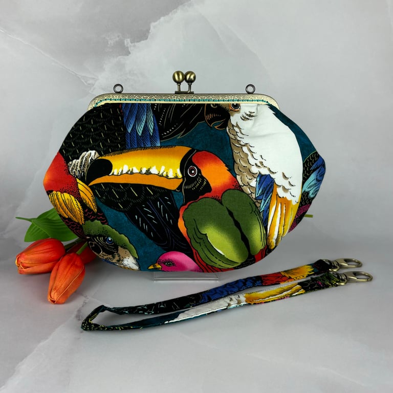 Toucan medium clutch bag, Detachable strap, Handmade