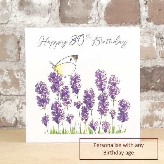 Birthday Card Lavender Butterfly - Personalise with any age eco friendly