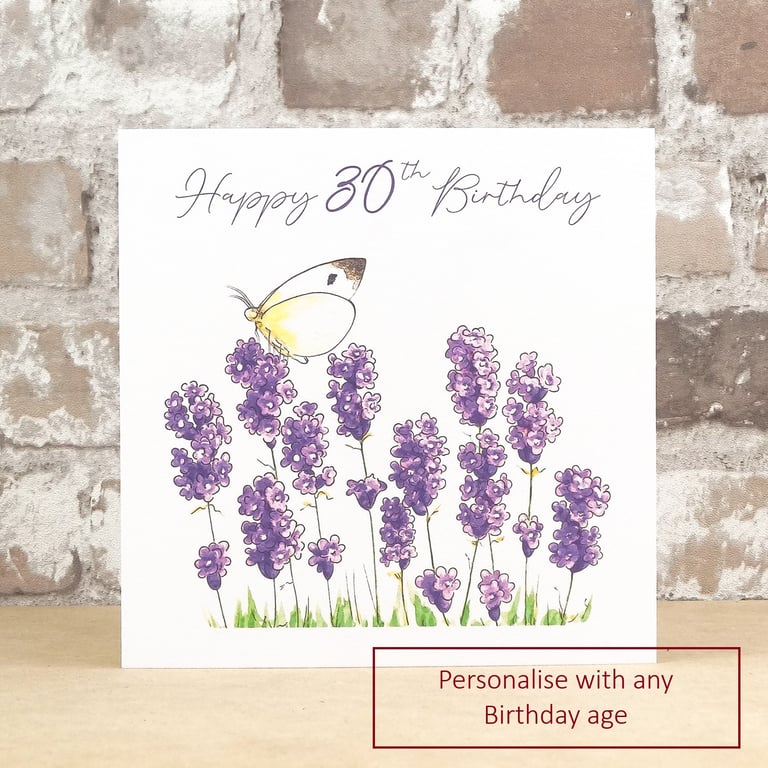 Birthday Card Lavender Butterfly - Personalise with any age eco friendly