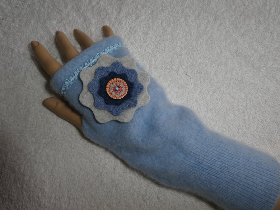 Fingerless Gloves Wrist warmers. Upcycled gloves. Blue Cashmere with Felt Flower