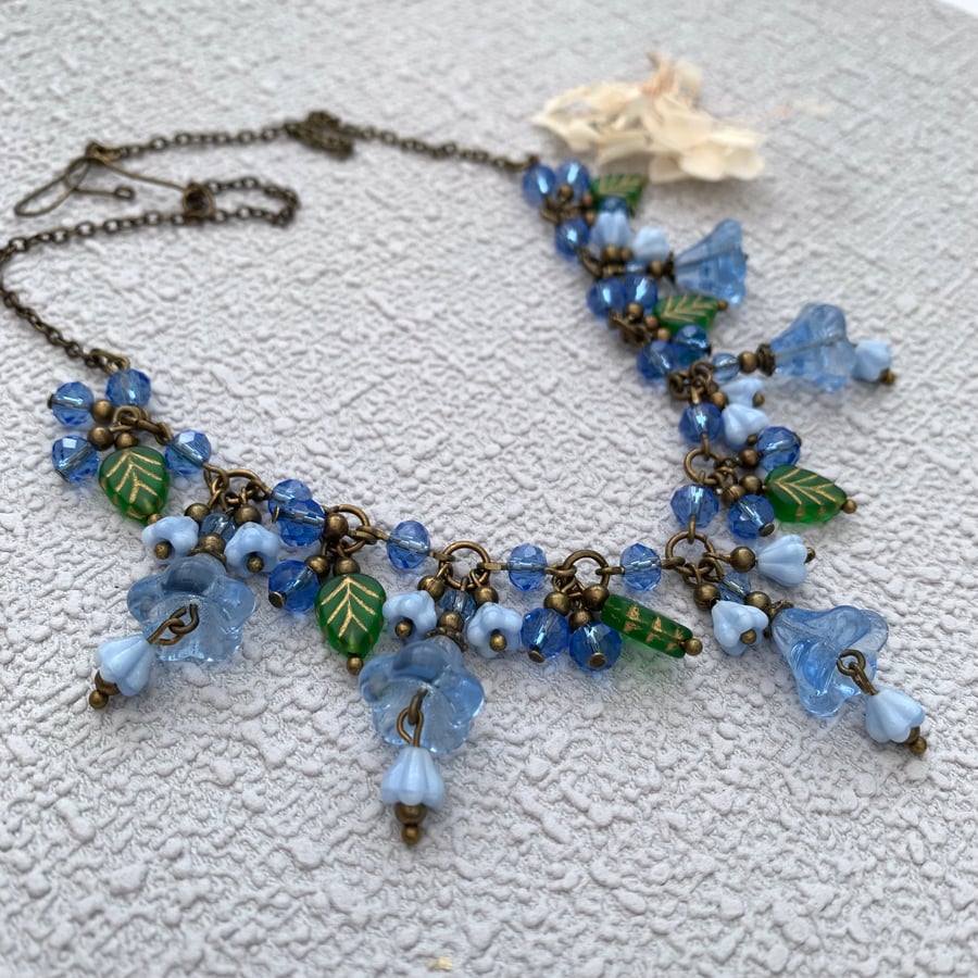 Czech Glass and Bronze Vintage Style Blue Floral Necklace Set