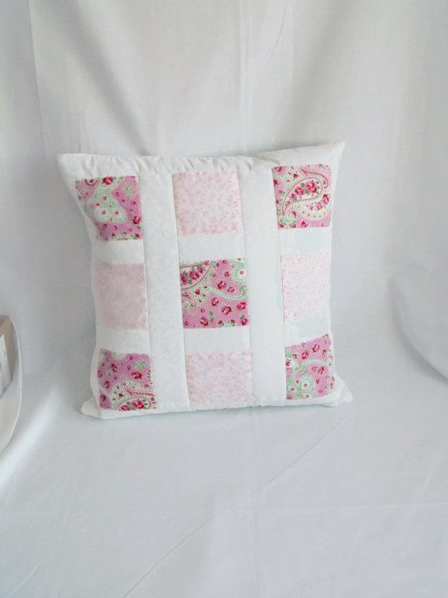 pink window pane patchwork cushion cover, white quilted statement pillow slip