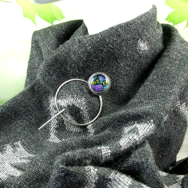 Shawl Pin, Sterling Silver with Artisan Dichroic Glass Pin