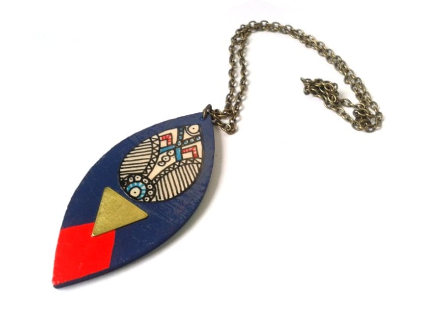 Contemporary Illustrated & Painted Shield Style Native Pendant Necklace