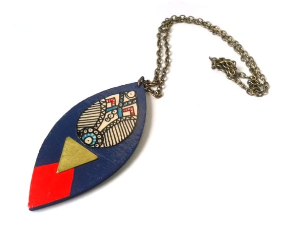 Contemporary Illustrated & Painted Shield Style Native Pendant Necklace