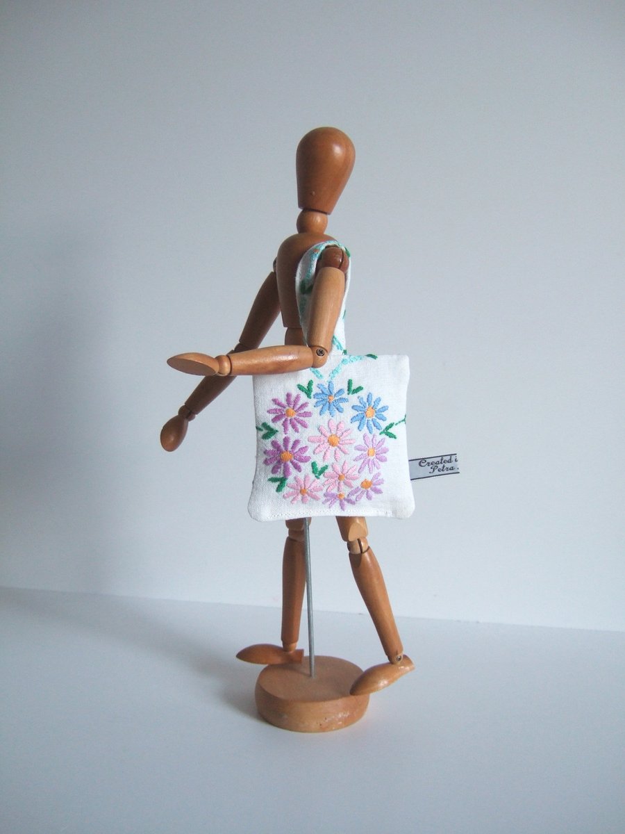 Vintage embroidered floral lavender bag with dried Yorkshire lavender.