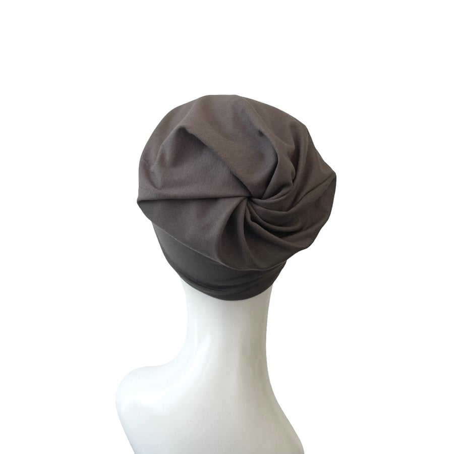 Beanie Hat - Dark Grey Twisted Jersey Cap Ponytail Soft Hair Loss Chemo Hat