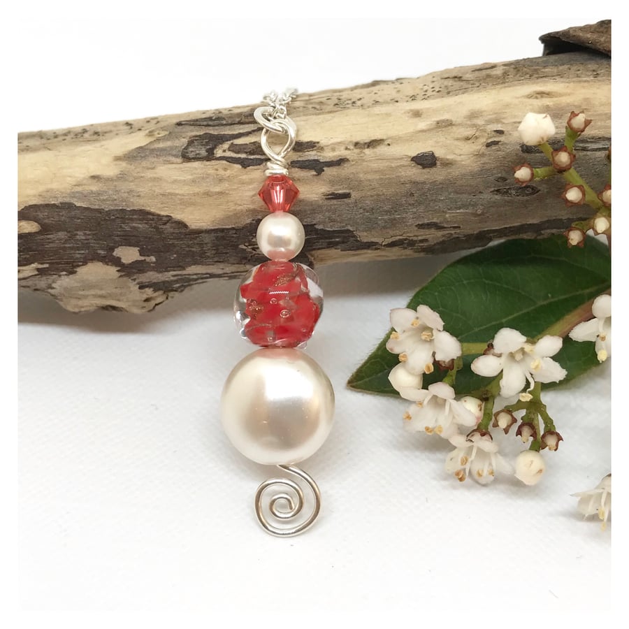 Sterling Silver Murano Glass and Pearl Pendant, Orange Gold and White