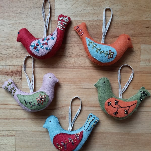 Little Felt Bird Hanging Decoration - Hand Embroidered Scandi Folk Home Interior