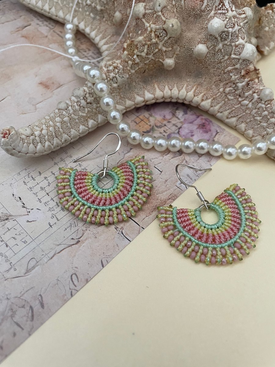 Boho micro macrame beaded fan statement earrings , hippie chick, beach, holiday