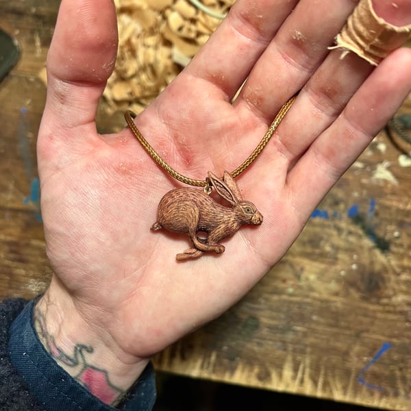 Hand Carved Woodland Hare Pendant