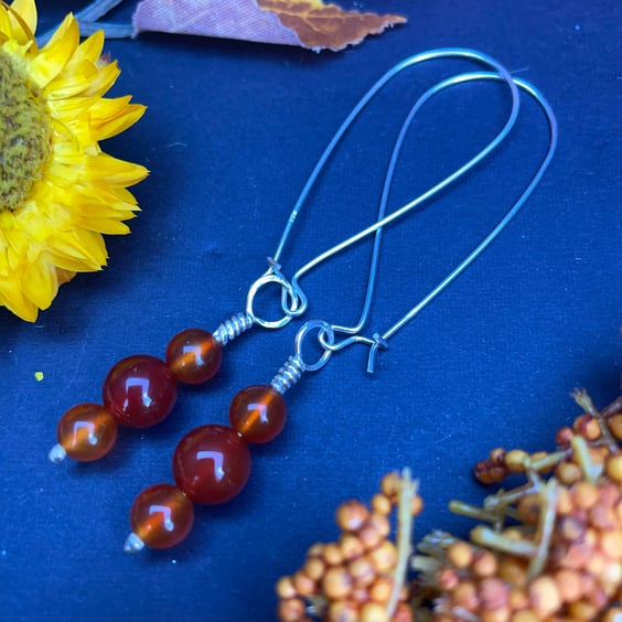 Red agate drop dangly earrings with large Sterling Silver safety hooks 