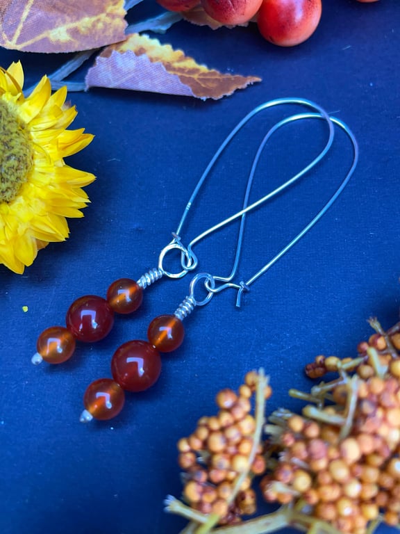 Red agate drop dangly earrings with large Sterling Silver safety hooks 