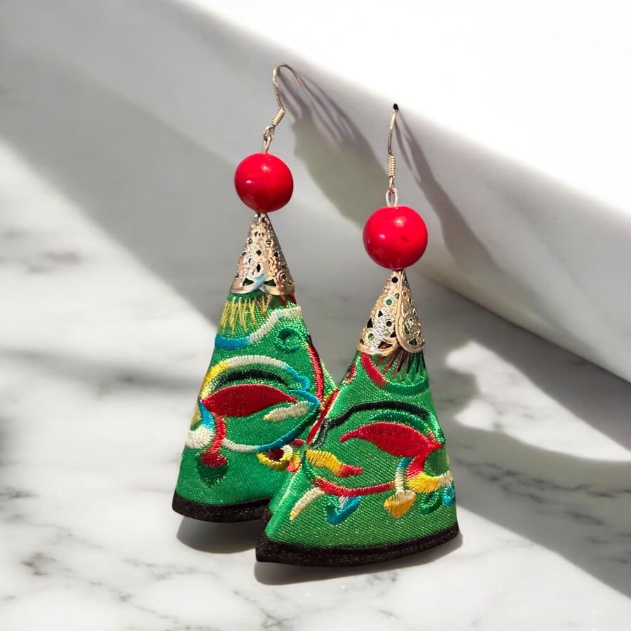 Oriental, Vibrant and Handmade Fabric Earrings with Floral Pattern