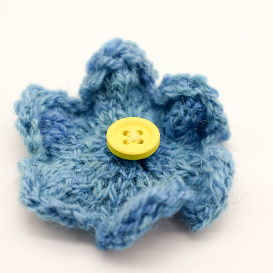 SOLD - Hand knitted flower brooch pin - Blue and yellow