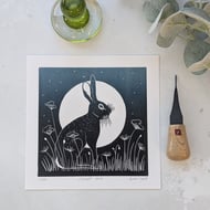 Moonlit Hare Linocut Print, Moon Gazing Hare
