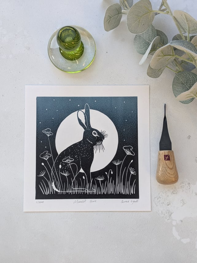 Moonlit Hare Linocut Print, Moon Gazing Hare