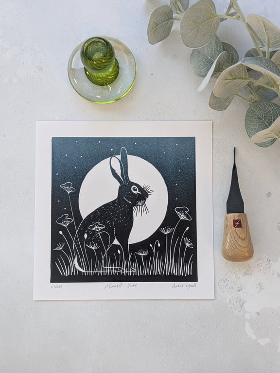 Moonlit Hare Linocut Print, Moon Gazing Hare