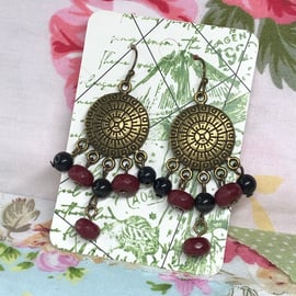 Ruby and black glass chandelier earrings