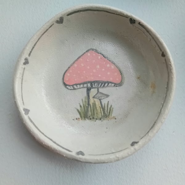 Ceramic trinket dish handpainted rustic earthenware pottery- mushroom 