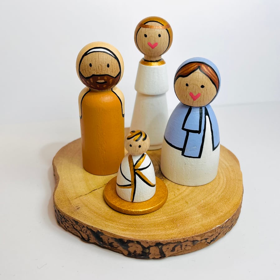 Nativity Set Mary Peg Doll Mary, Joseph, Jesus Donkey Wooden Peg