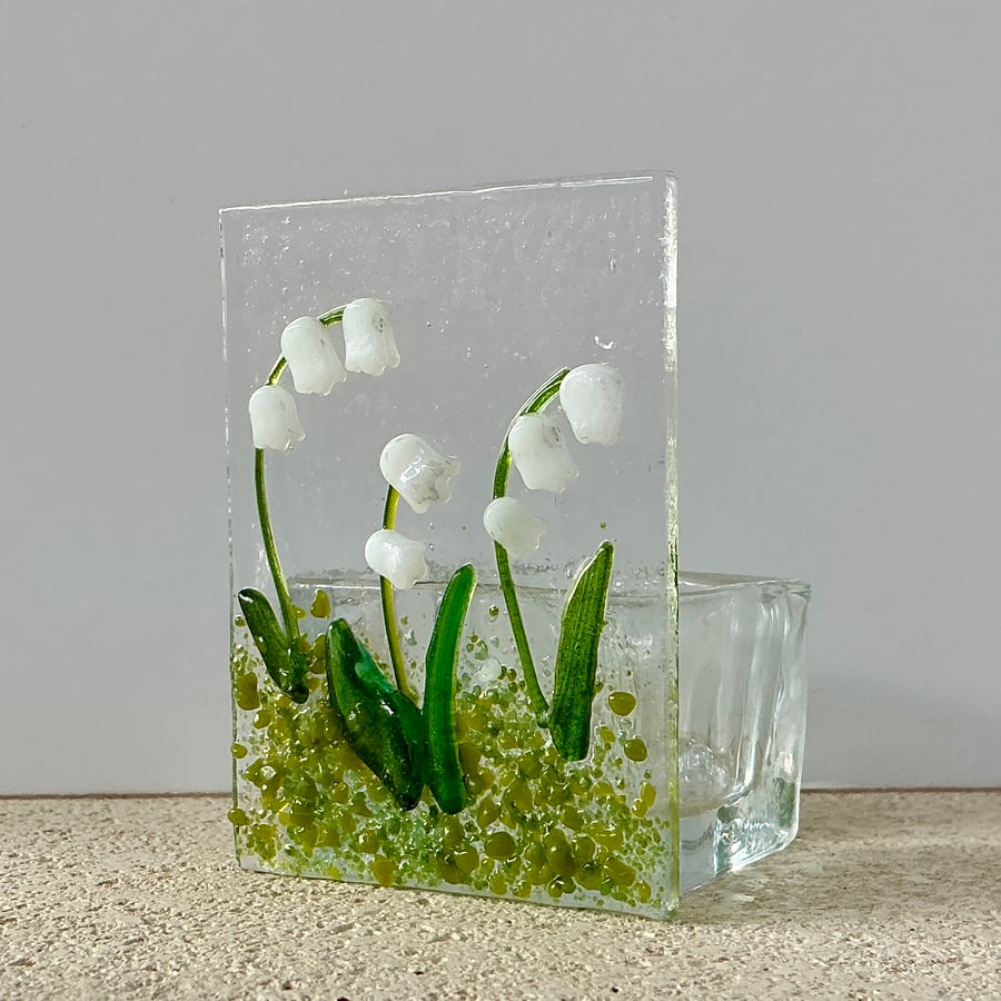 Fused glass tealight candle holder panel, lily of the valley