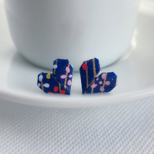 Origami Heart Earrings, Paper Heart Earrings, Tiny Stud Earrings, Blue Heart
