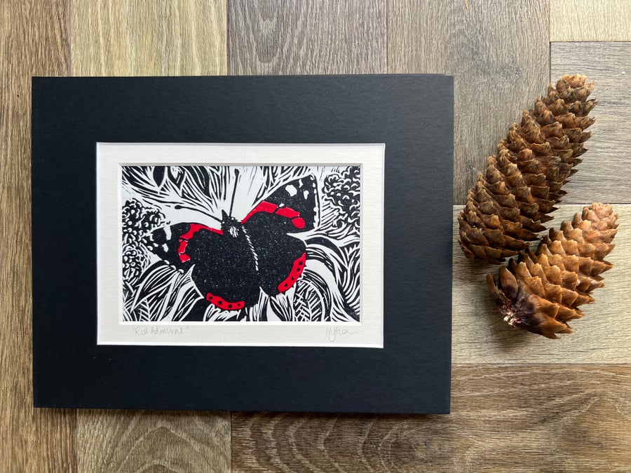 Red Admiral Original Handmade Lino Print Mounted