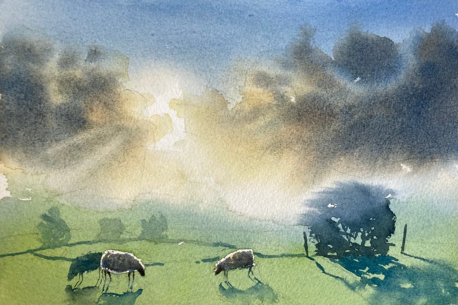 Ingleby fields sunset (Pure Original Watercolour)