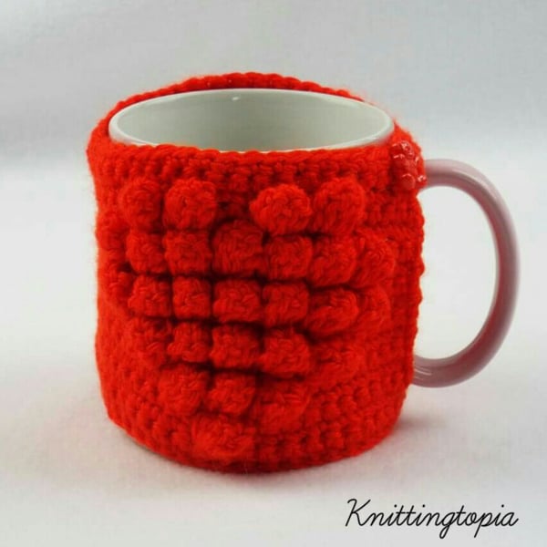 Hand crocheted mug cosy - red heart - valentine's day gift - mother's day gift 