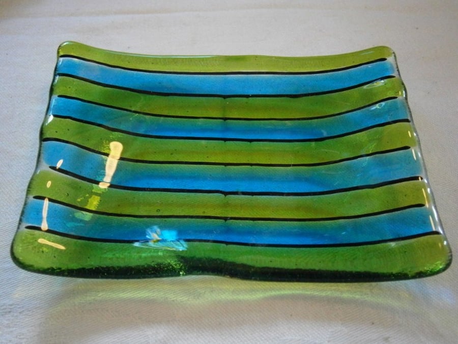 Turquoise and green pin stripe soap dish