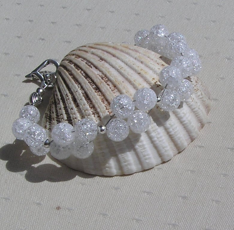 Crackled Clear Quartz Gemstone Beaded Chakra Bracelet "Enchanted Ice"