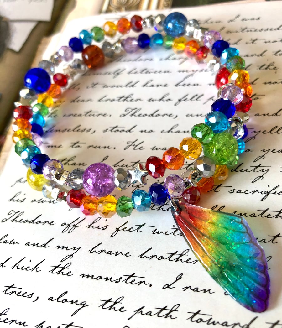 Rainbow Star Fairy Wing Crackle Beaded Bracelet