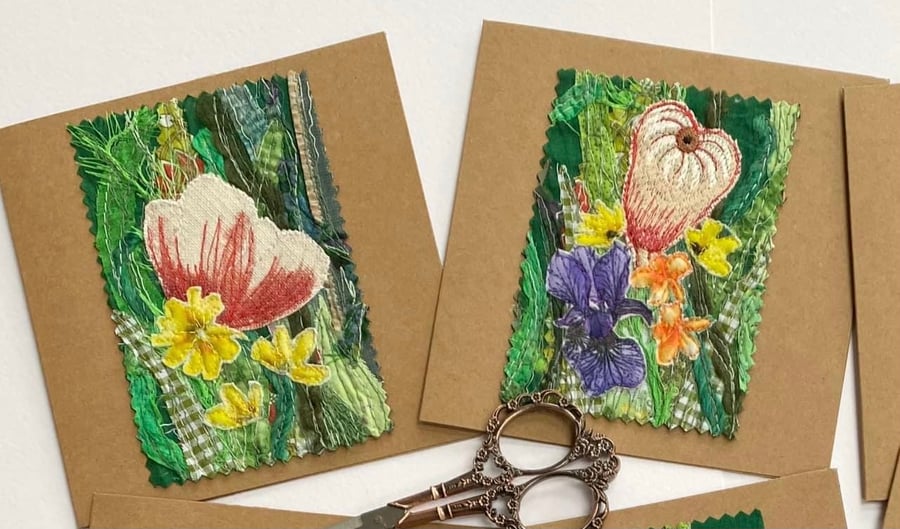 2 Up-cycled embroidered flower garden card. 