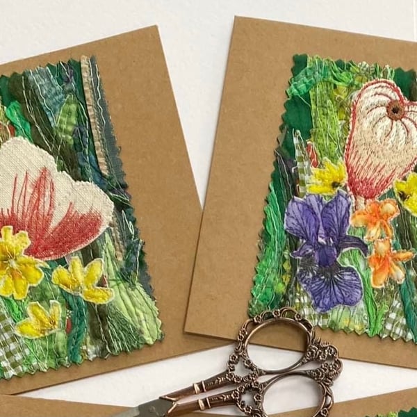 2 Up-cycled embroidered flower garden card. 
