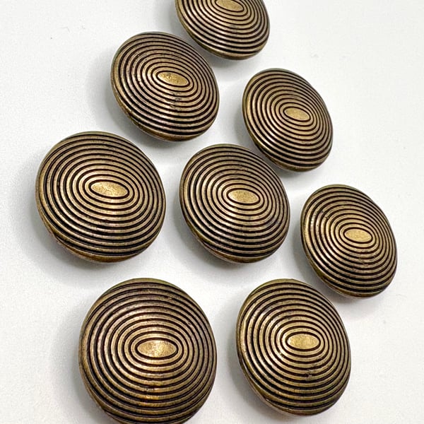 8 Metal Buttons, Domed Circles Design, Old Gold 15mm Wide, Buy 1 Get 1 Free