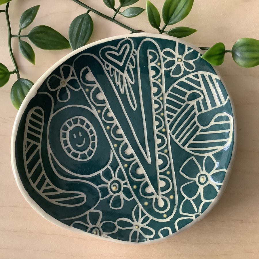 Handmade stoneware sgraffito emerald love trinket jewellery dish