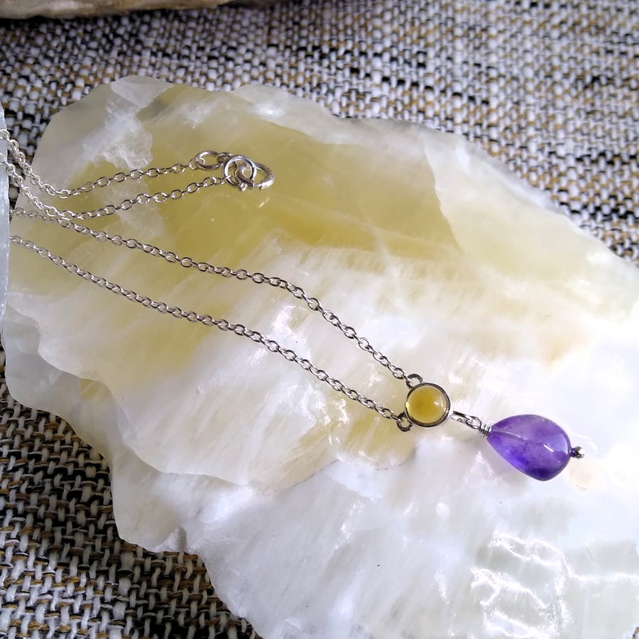 Amethyst and Citrine Gemstone Pendant 925 Sterling Silver 20 Inch Necklace
