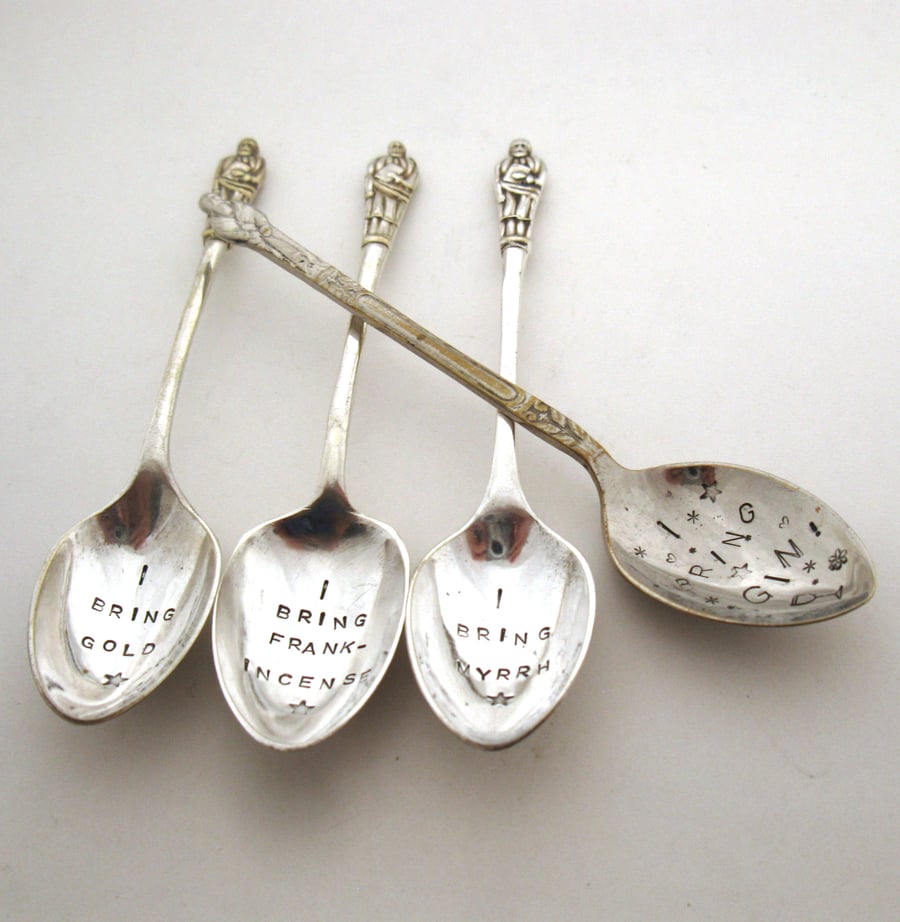 We Four Kings, apostle coffeespoons, handstamped, funny, small, mismatched set