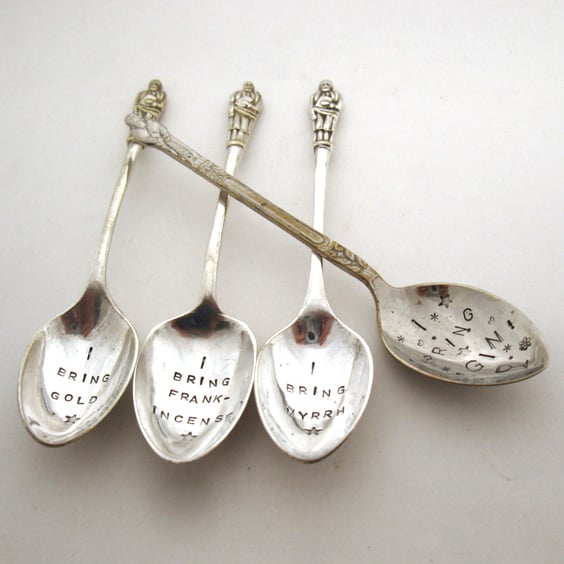 We Four Kings, apostle coffeespoons, handstamped, funny, small, mismatched set