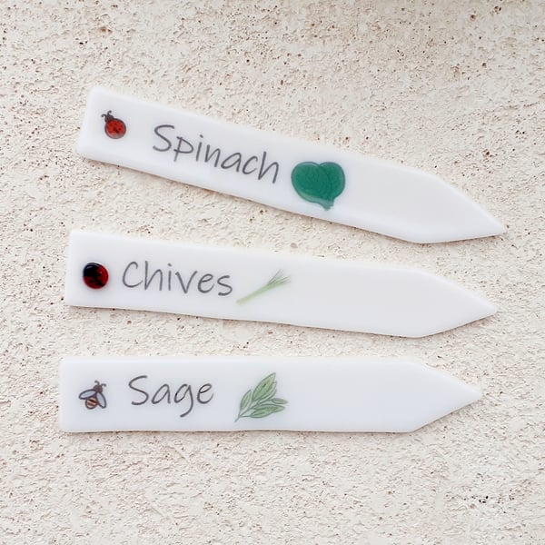 Fused glass vegetable herb plant seed label marker, reuseable, set of three
