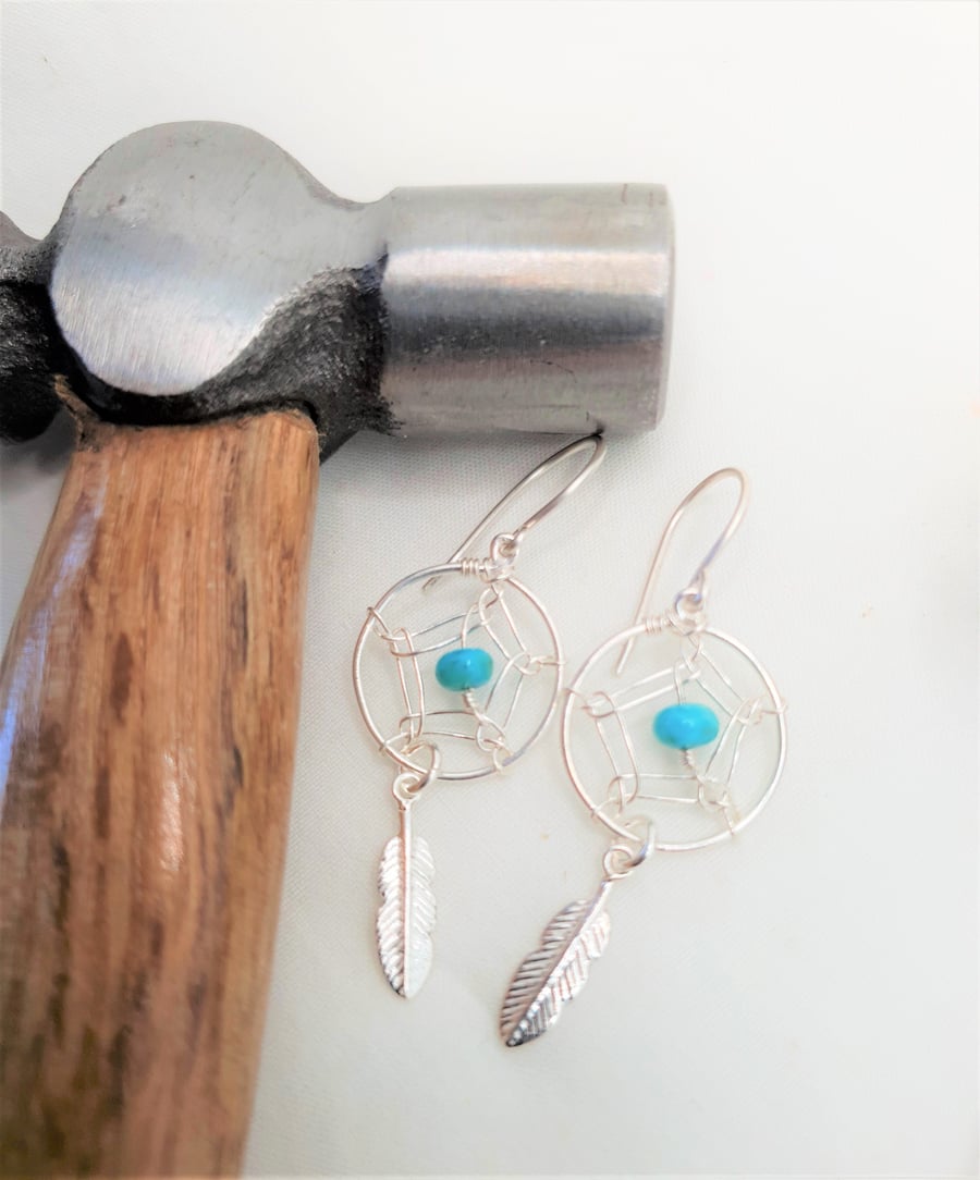 Turquoise Small Dreamcatcher Earrings, Sterling Silver Earrings