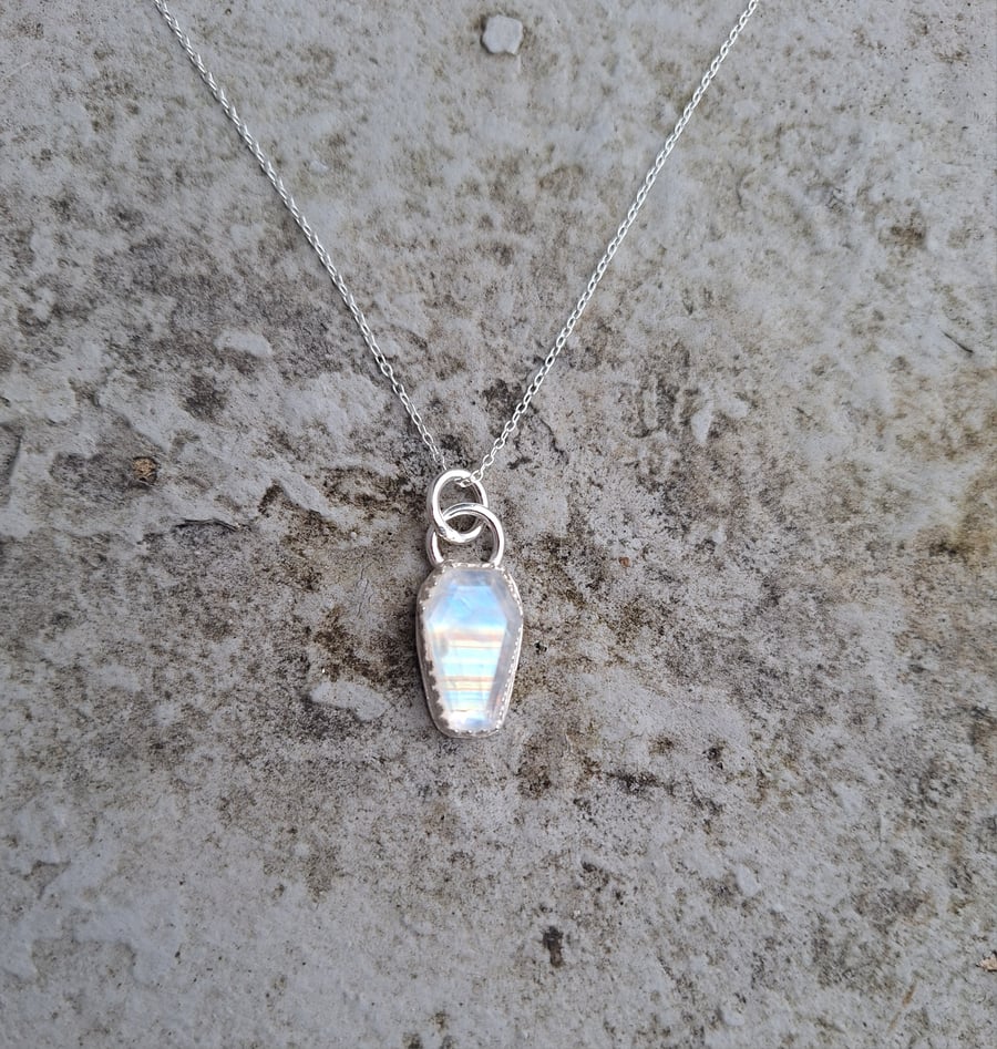 Rainbow Moonstone Coffin Pendant in Sterling Silver