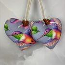 Handmade hummingbirds hanging fabric hearts set of 2