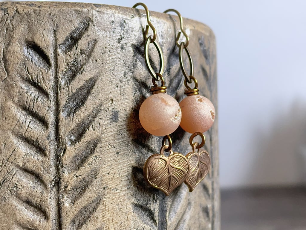 Amber Druzy Agate Earrings with Brass Leaf Charms. Nature Inspired Jewellery
