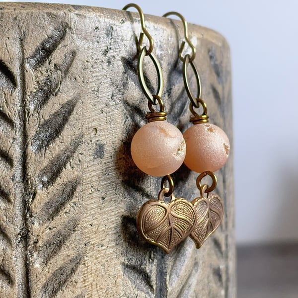 Amber Druzy Agate Earrings with Brass Leaf Charms. Nature Inspired Jewellery