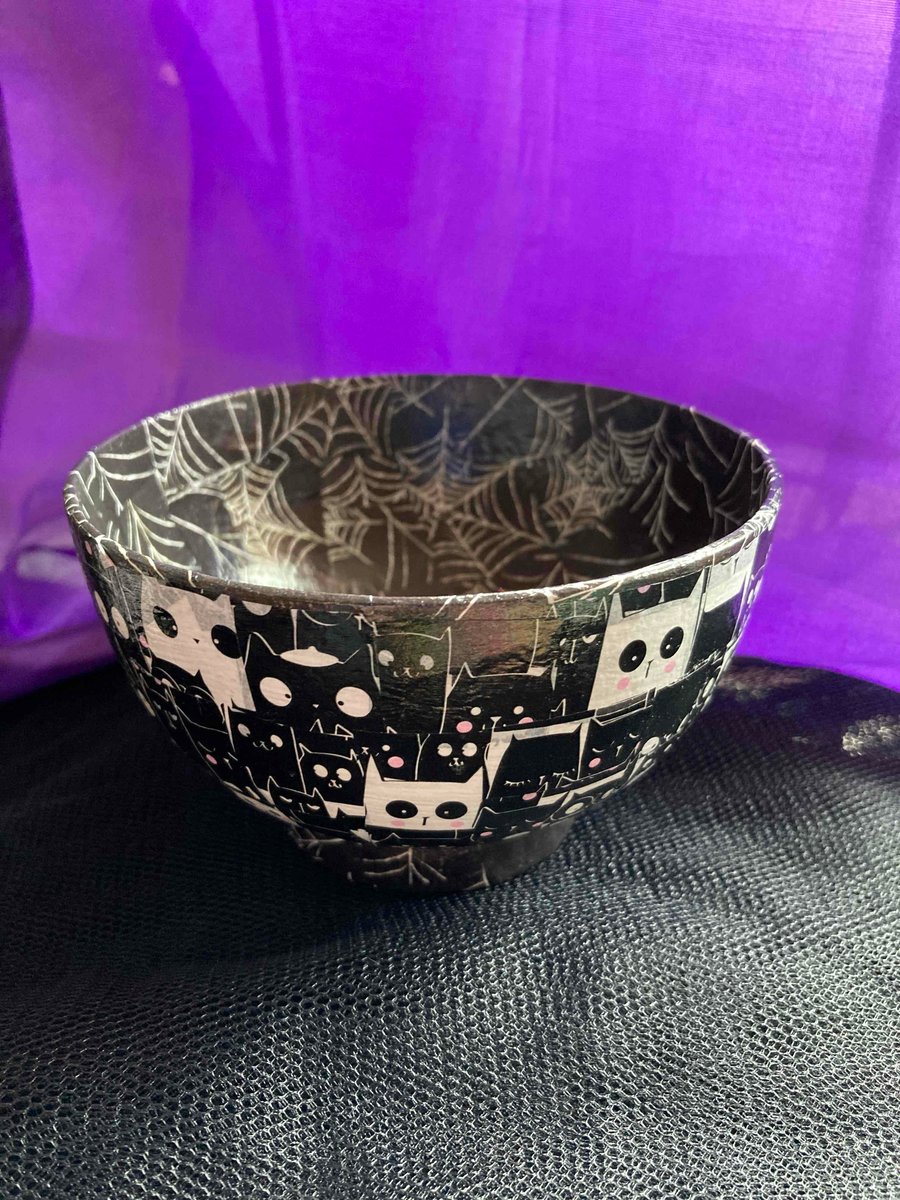 Upcycled halloween cat and spider web bowl 