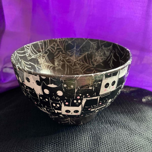 Upcycled halloween cat and spider web bowl 